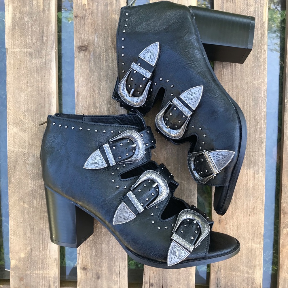 Black Three Buckle Studded Peep Toe Heeled Booties